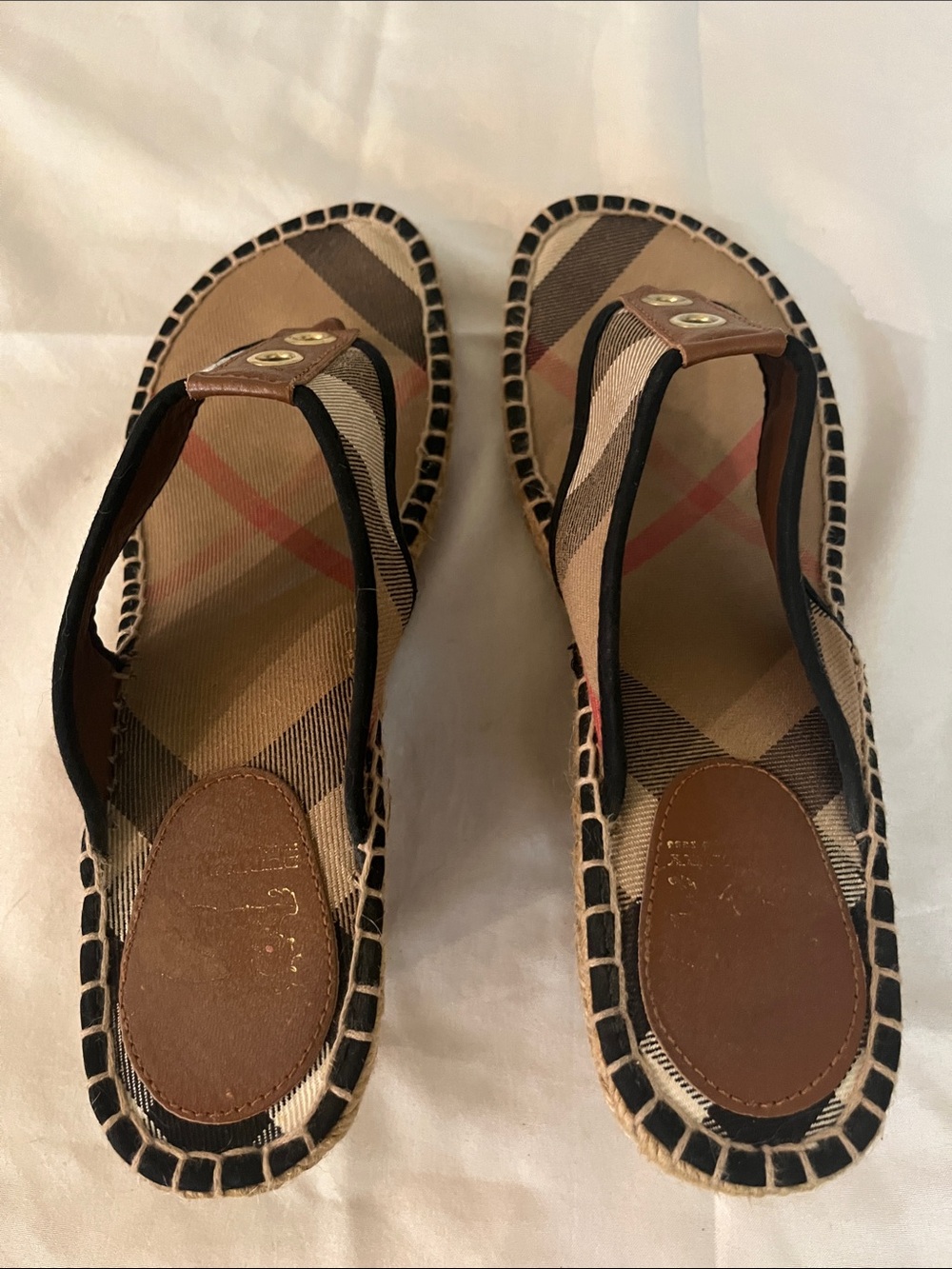 Burberry Tan and Brown Check Espadrille Thong/Wedge Sandals - Picture 4 of 9